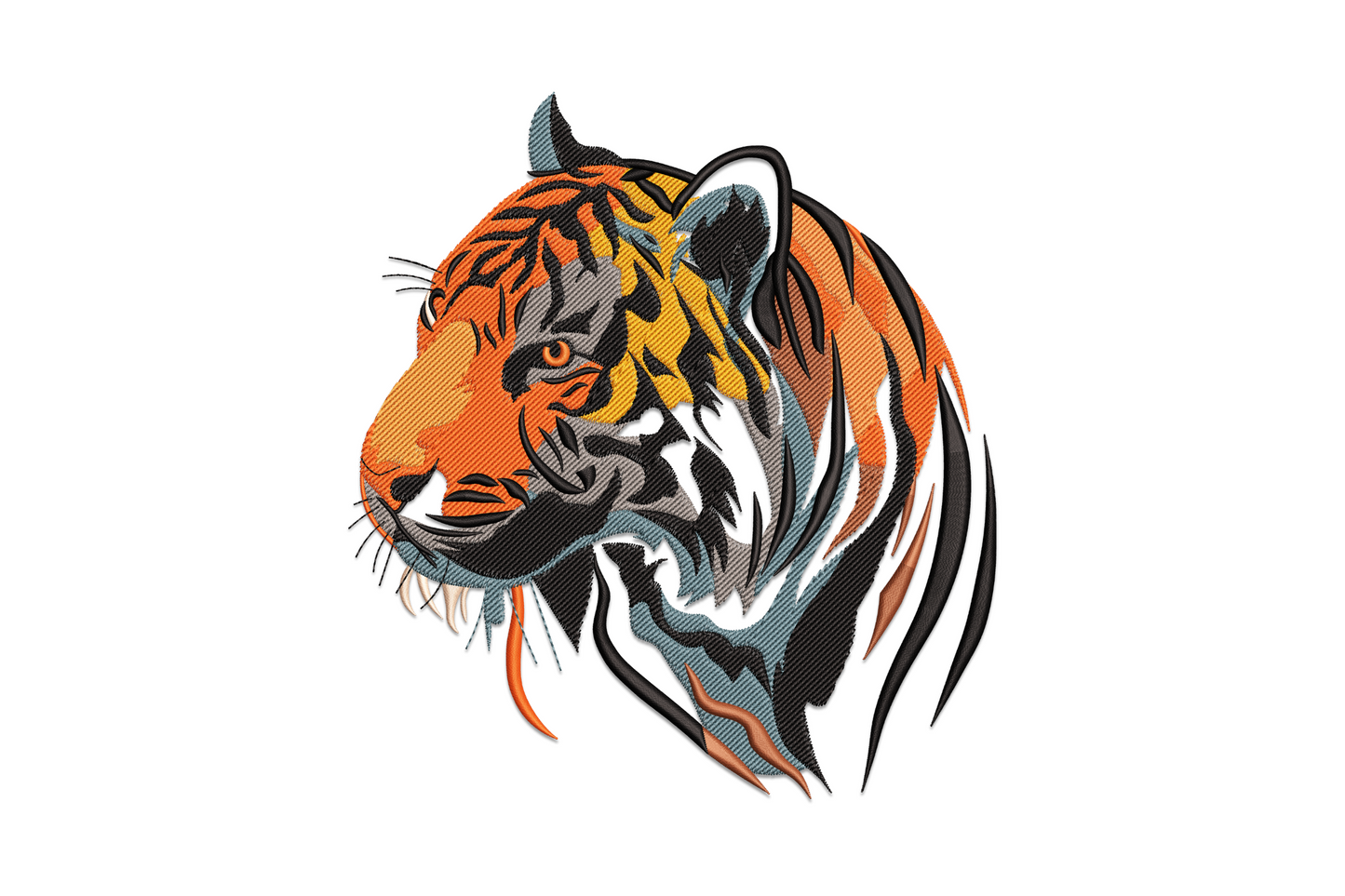 Bold tiger head embroidery design showing layered orange, amber, and black satin stripes with grey-blue shadow tones in three-quarter profile.