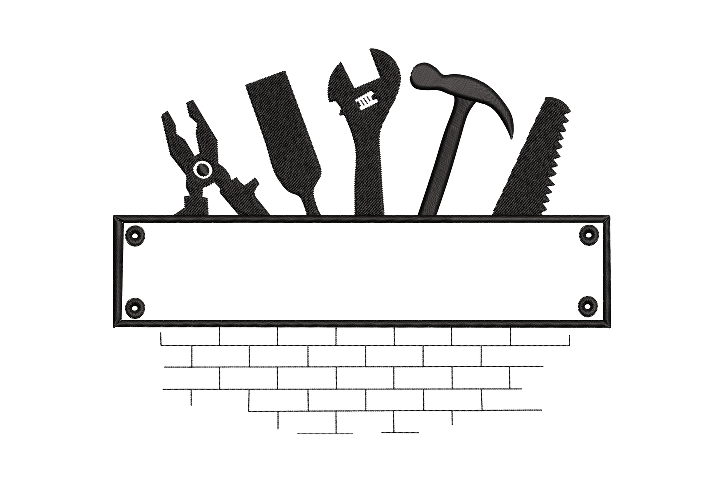 Bold workshop tools shelf embroidery design - paint roller, wrench, hammer and saw above brick wall in black, 5 sizes