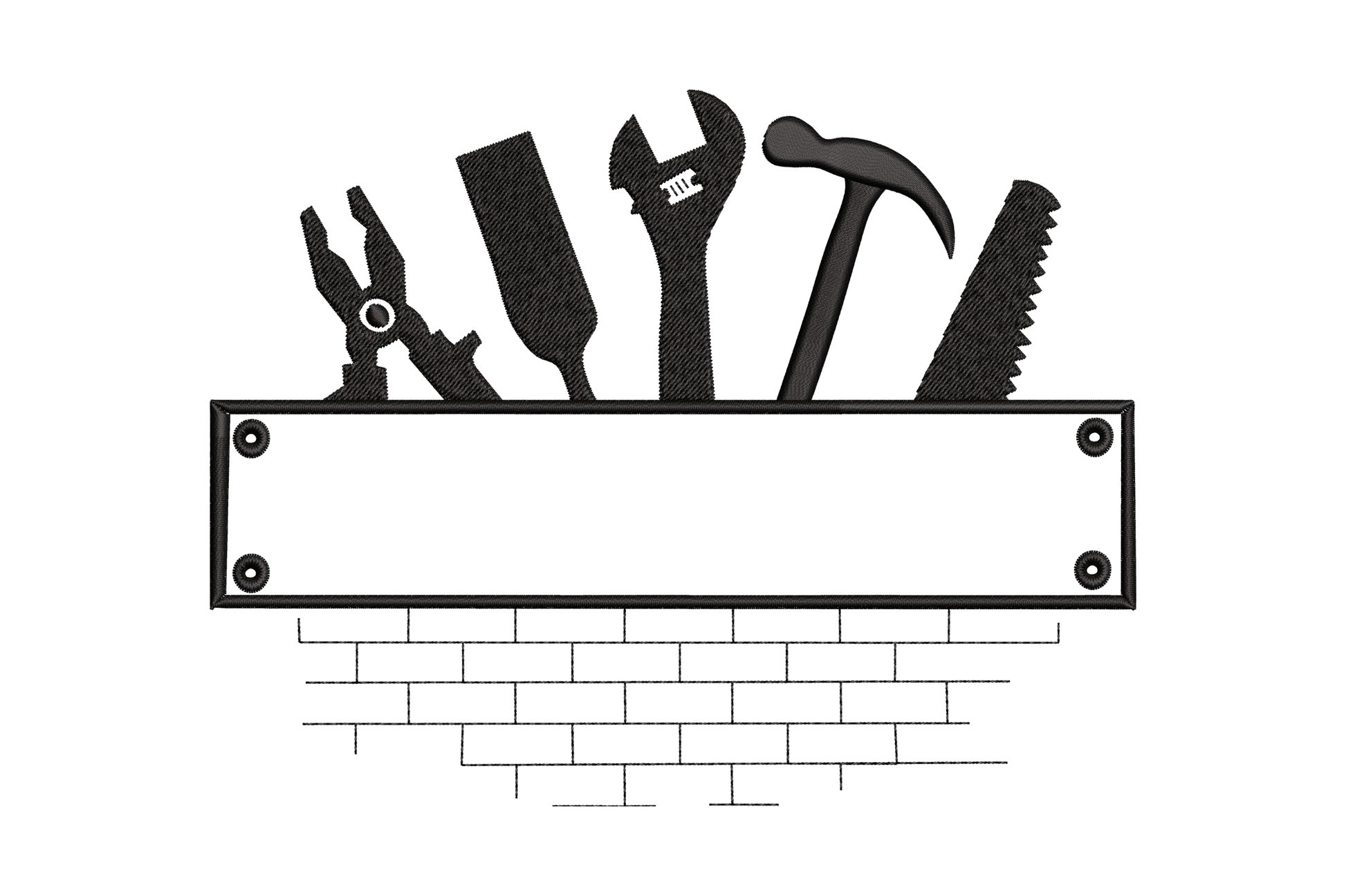 Bold workshop tools shelf embroidery design - paint roller, wrench, hammer and saw above brick wall in black, 5 sizes