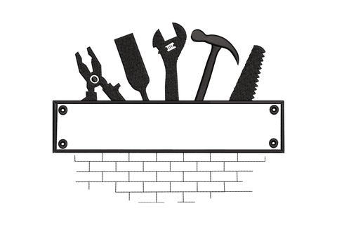 Bold workshop tools shelf embroidery design - paint roller, wrench, hammer and saw above brick wall in black, 5 sizes