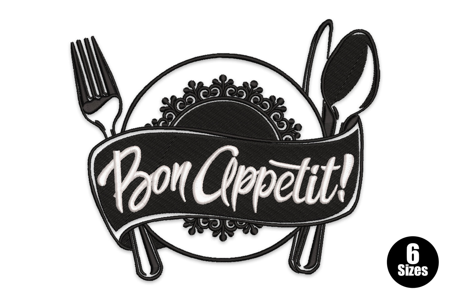 Bon Appetit embroidery design with a plate, ornate lace border, fork and spoon, and a bold black ribbon banner with white brush script lettering.