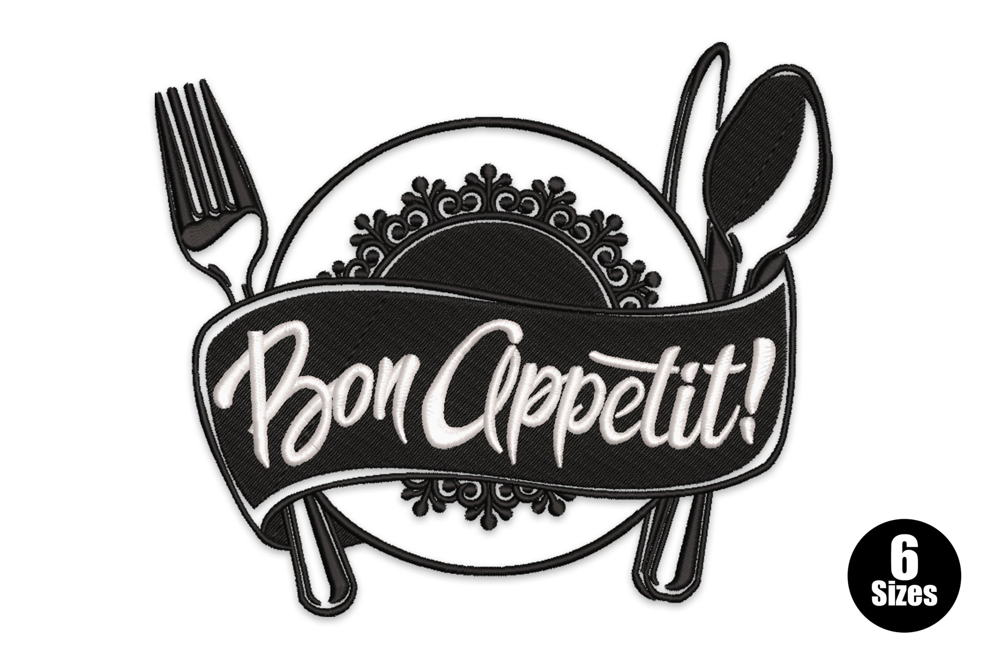 Bon Appetit embroidery design with a plate, ornate lace border, fork and spoon, and a bold black ribbon banner with white brush script lettering.