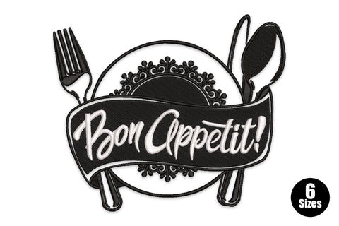 Bon Appetit embroidery design with a plate, ornate lace border, fork and spoon, and a bold black ribbon banner with white brush script lettering.