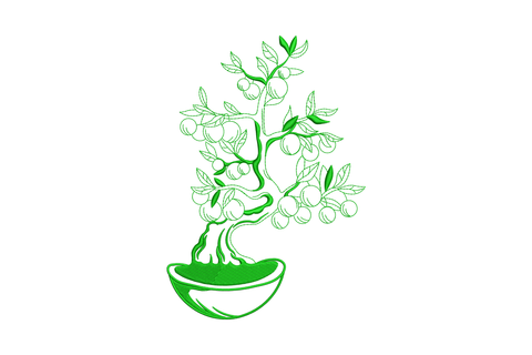 Outline-style bonsai fruit tree embroidery with twisting trunk, hanging berries and shallow pot in single green line work.