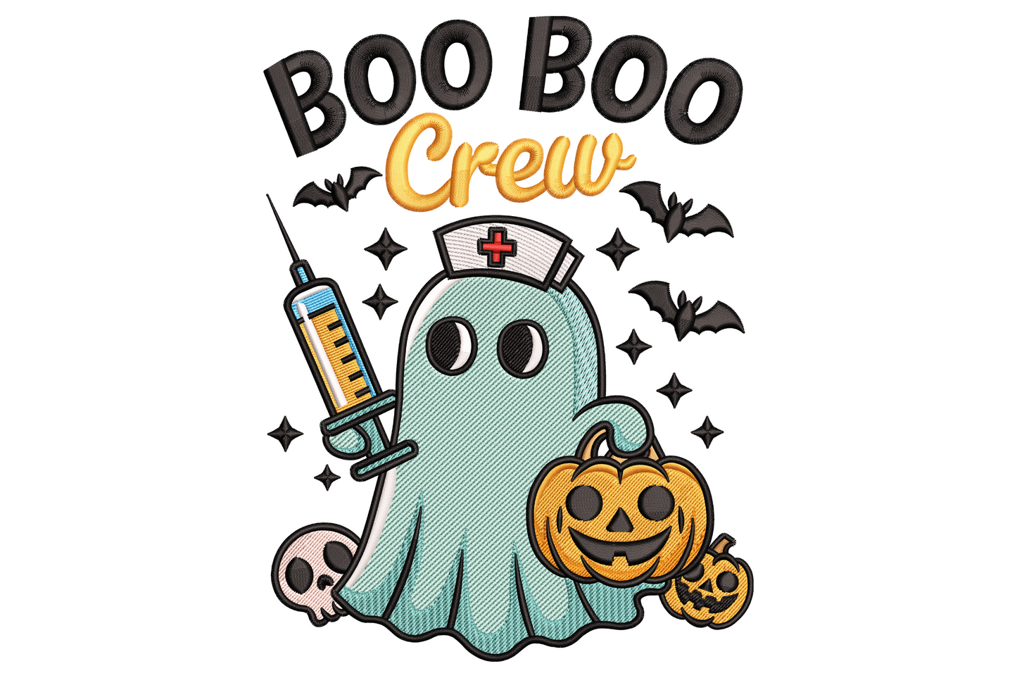 Nurse ghost wearing a white nurses cap with red cross, boo boo crew text lettering below, cartoon style halloween machine embroidery design in white red and black.