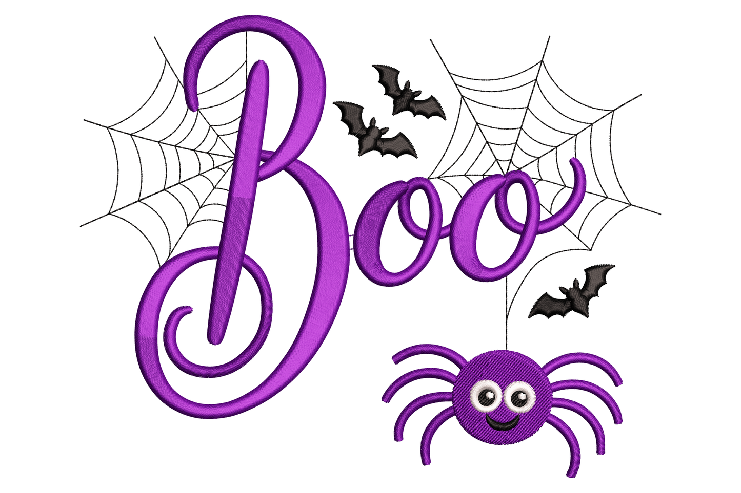 BOO block letters with cartoon spider perched on the B letter, round black spider with white dot eyes, 3-colour wide halloween design, 3.5 inches wide machine embroidery