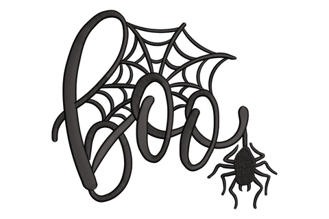 Boo script lettering halloween embroidery with corner spider web and dangling spider in dark thread, 6 sizes from 2.2 to 6.6 inches wide