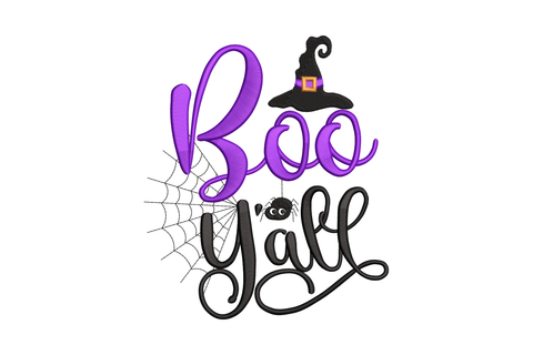 Boo yall halloween embroidery design, purple chunky script with black witch hat, orange buckle, fine spiderweb and hanging spider in three colours.