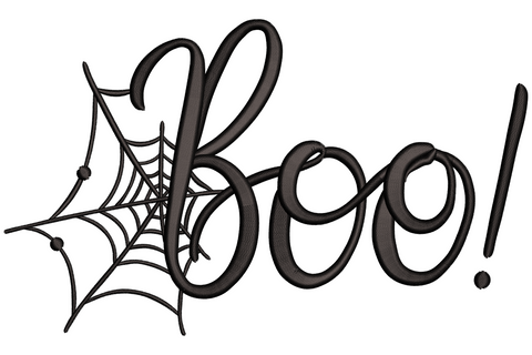Boo halloween embroidery in single-colour black cursive script with a tangled spider web and a tiny dangling spider.