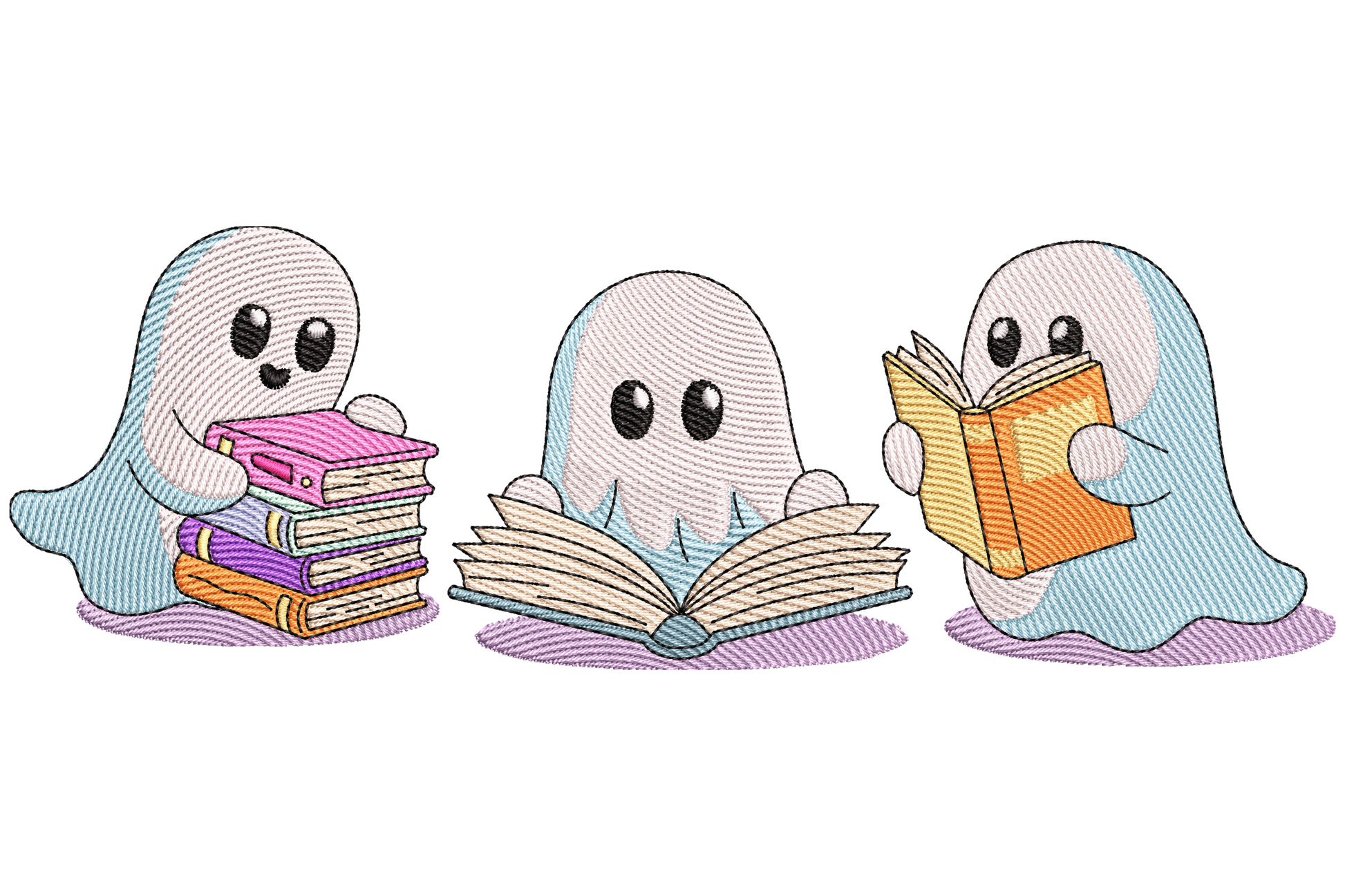 Three Halloween ghosts reading books embroidery design, wide horizontal layout with pale blue ghost bodies and colourful book covers.