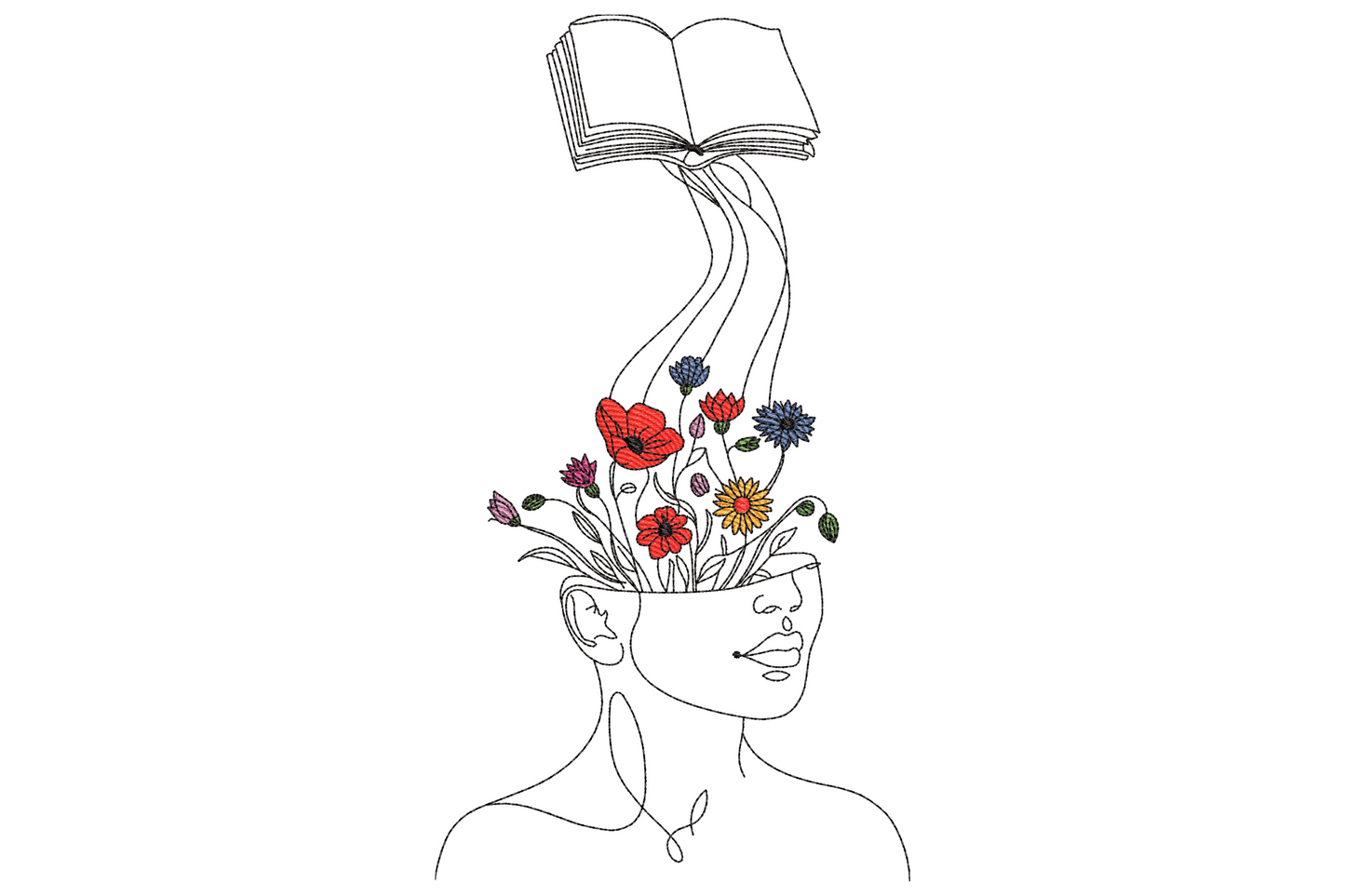 Single line art woman's profile with an open book above pouring wildflowers into her head, red poppies and blue cornflowers