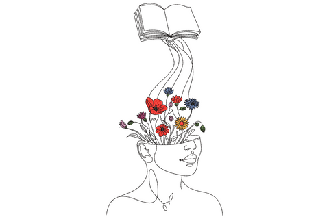 Single line art woman's profile with an open book above pouring wildflowers into her head, red poppies and blue cornflowers
