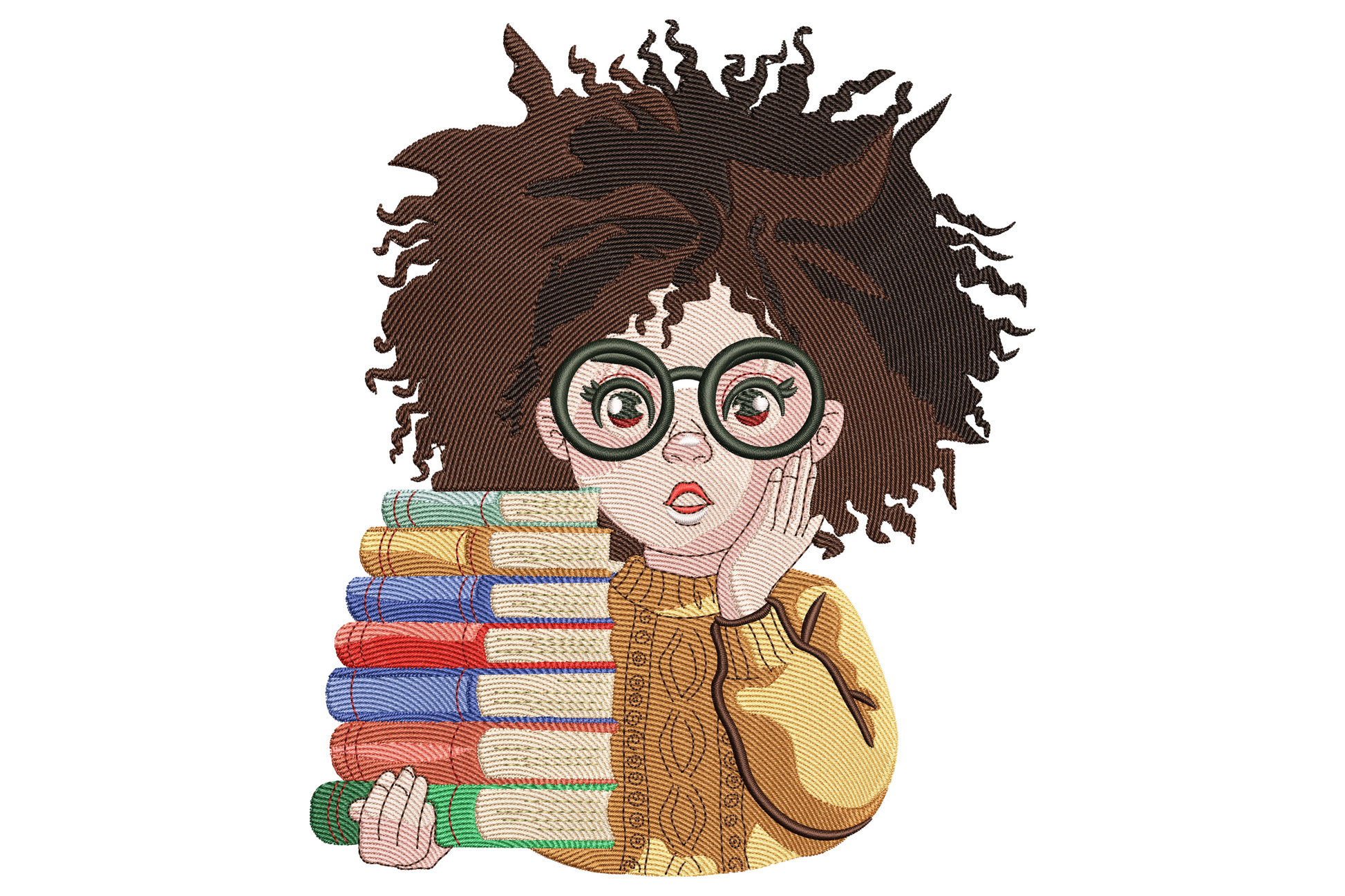 Bookworm girl embroidery with wild curly brown hair, round green glasses, mustard cardigan and stack of colourful books