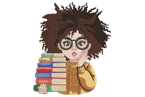 Bookworm girl embroidery with wild curly brown hair, round green glasses, mustard cardigan and stack of colourful books