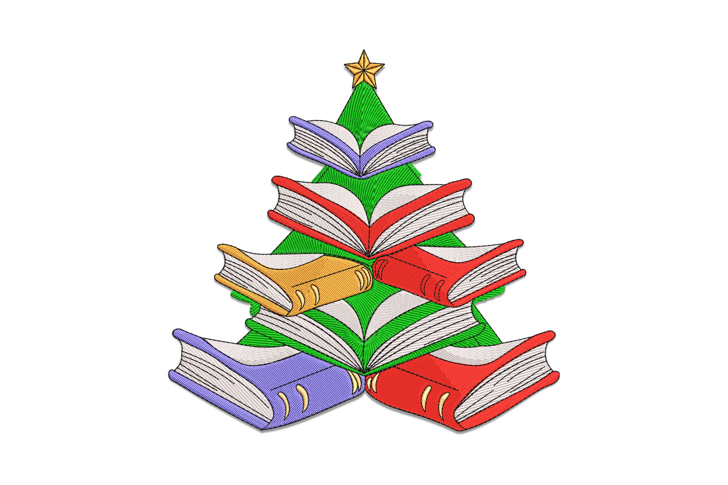 Book stack Christmas tree embroidery design, open red blue orange books stacked into tree shape with gold star topper.
