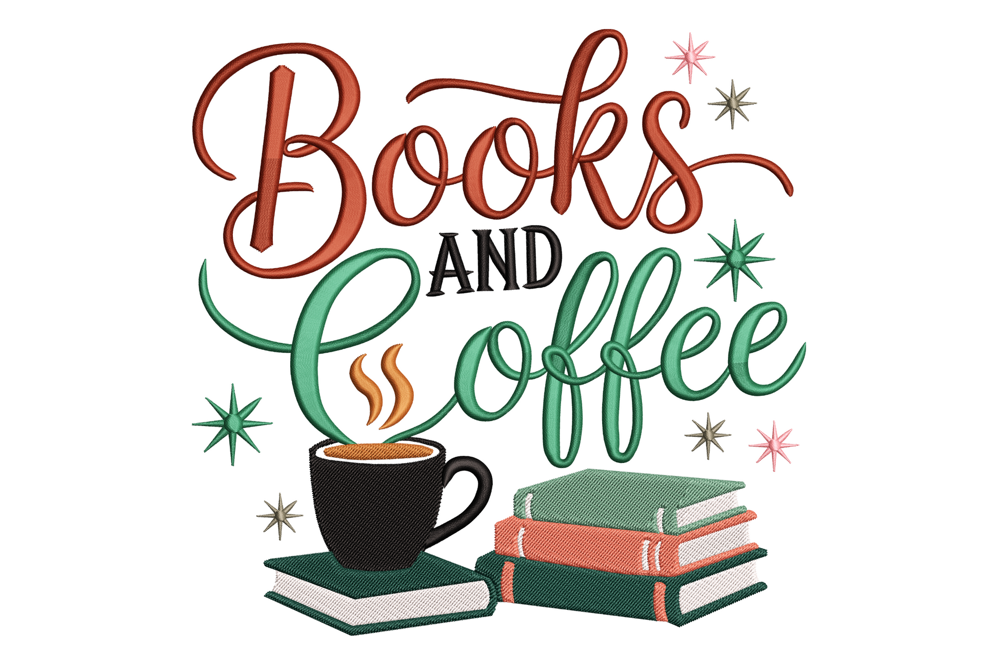 Books and Coffee quote embroidery with rust script, green Coffee tail, stacked rust and green books, black coffee mug with steam, atomic stars.