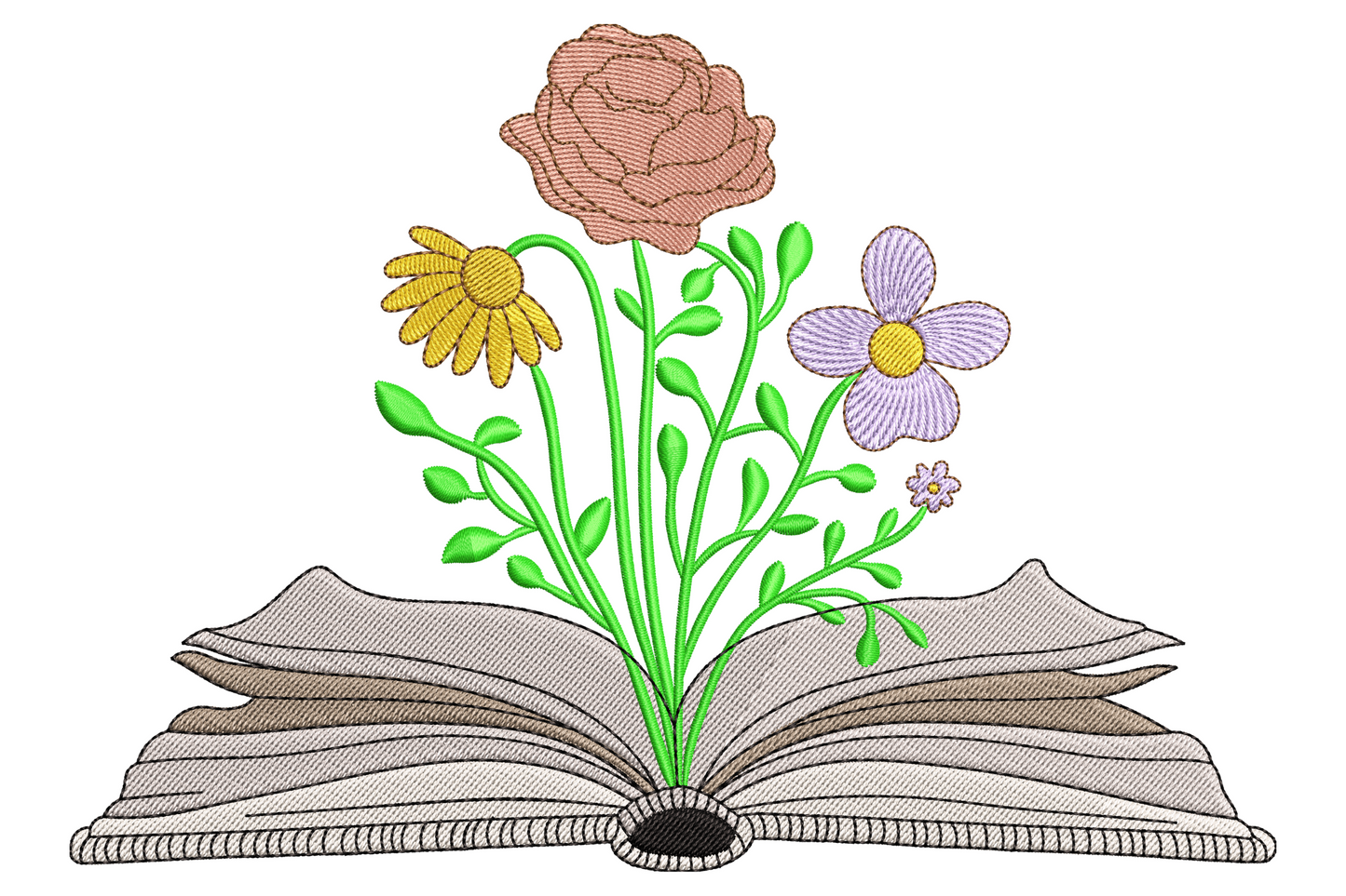 Book with flowers embroidery design, open teal hardback book with blush pink flowers growing from pages, 10 colours.