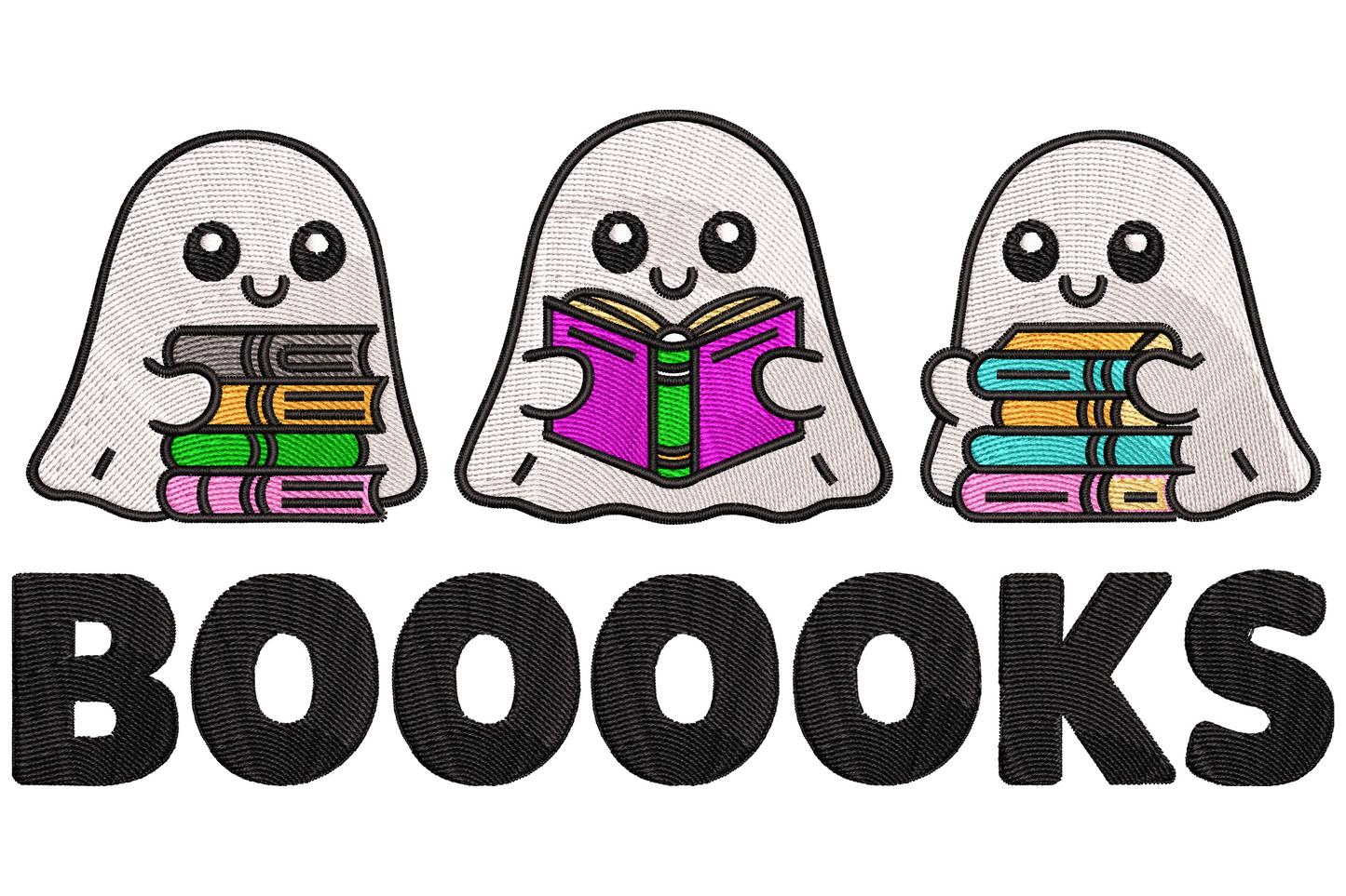 Machine embroidery of a round ghost holding an open book with Booooks text, 9 colours, halloween bookish design