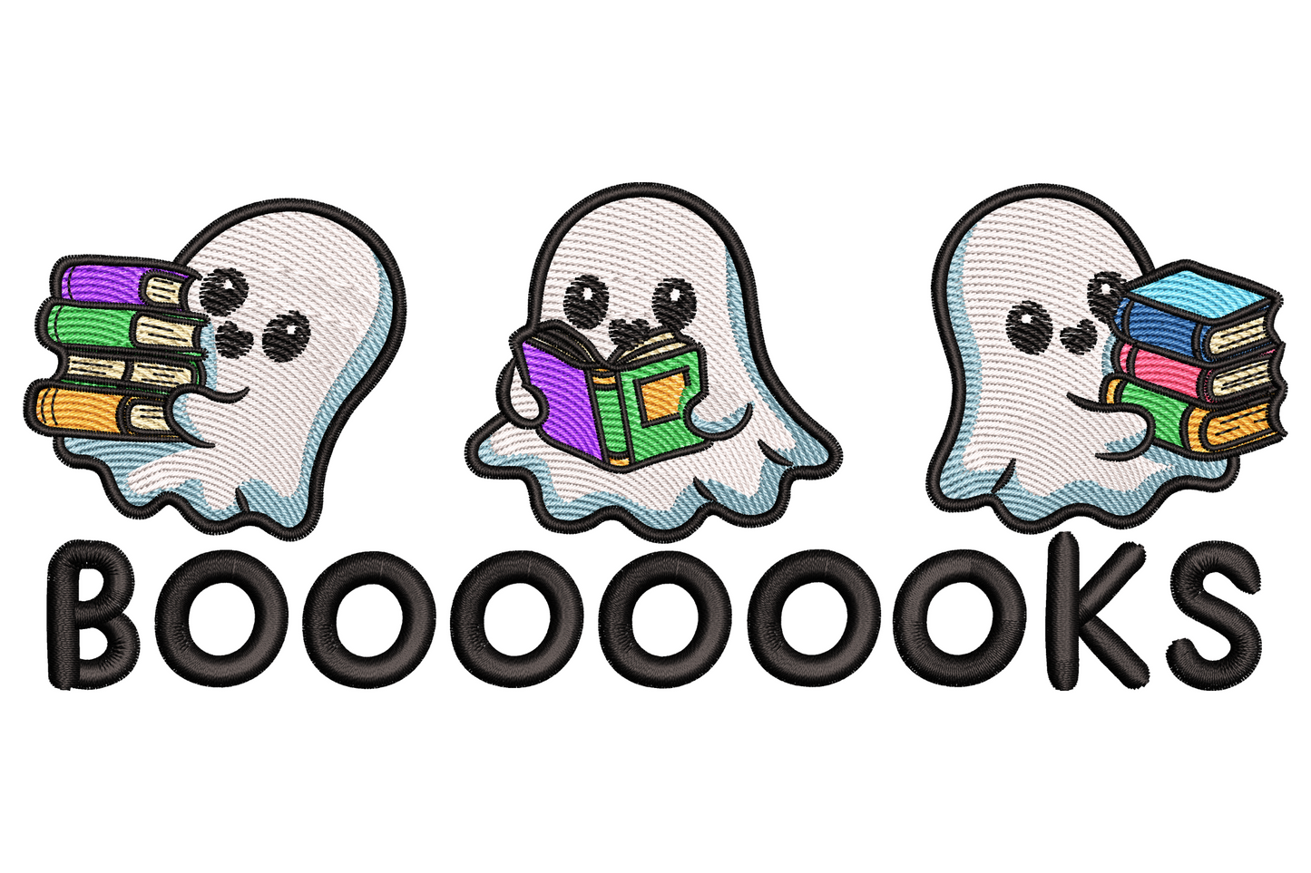 Three cute white ghosts carrying and reading colourful books, thick black patch-style outlines, bold BOOOOOKS text below.