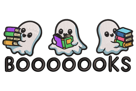 Three cute white ghosts carrying and reading colourful books, thick black patch-style outlines, bold BOOOOOKS text below.
