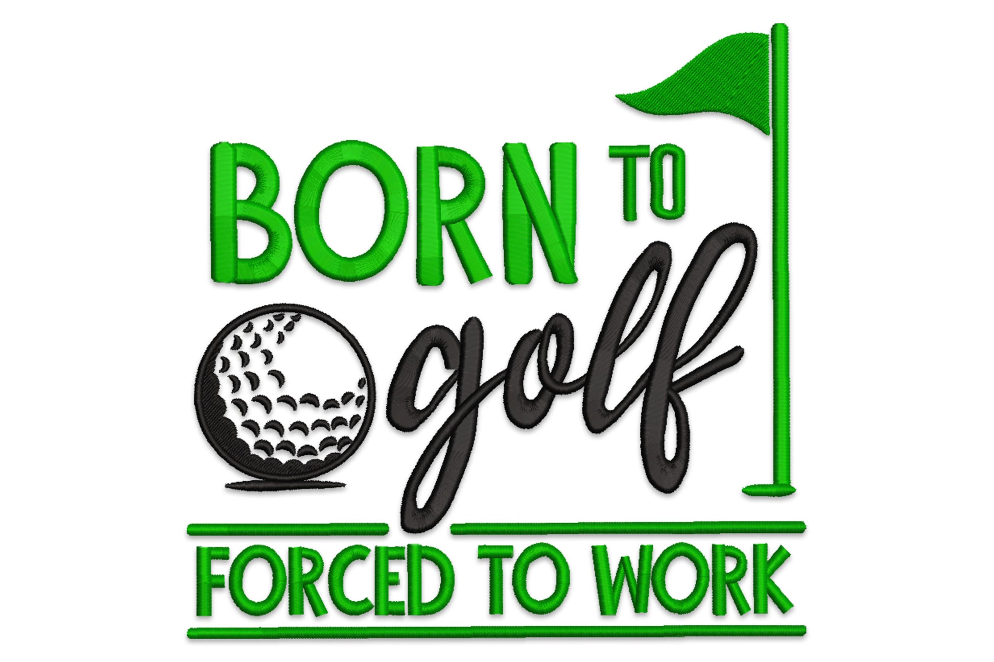 Born to Golf bold typography machine embroidery design in navy and white for golf gifts and polo shirts, 5 sizes 12183 to 26484 stitches