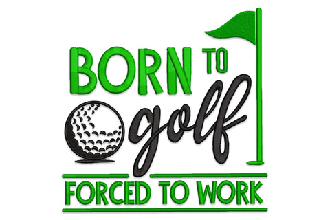 Born to Golf bold typography machine embroidery design in navy and white for golf gifts and polo shirts, 5 sizes 12183 to 26484 stitches