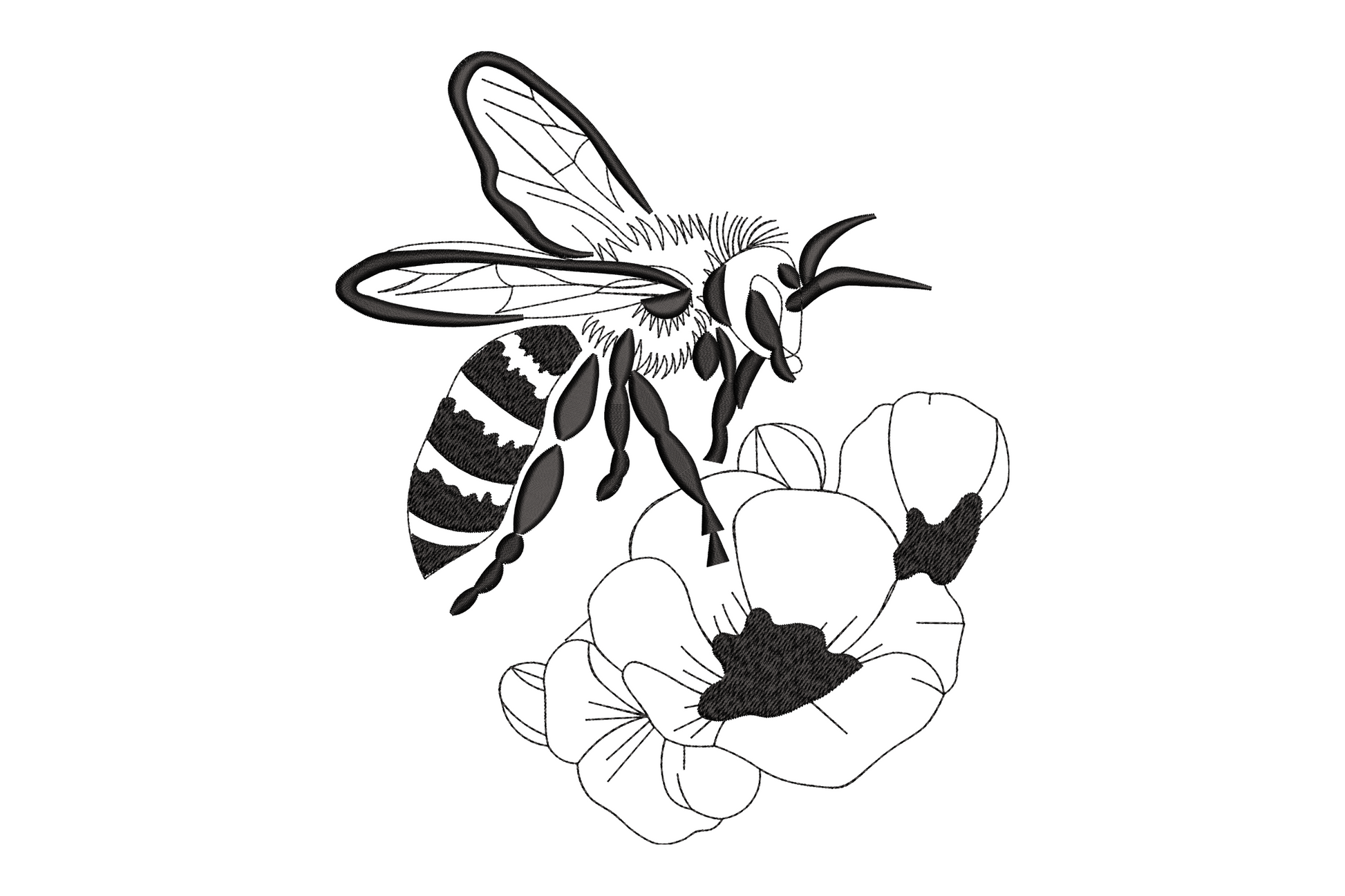 Botanical bee machine embroidery design with detailed wing veins and satin body stripes perched on an open flower in black thread