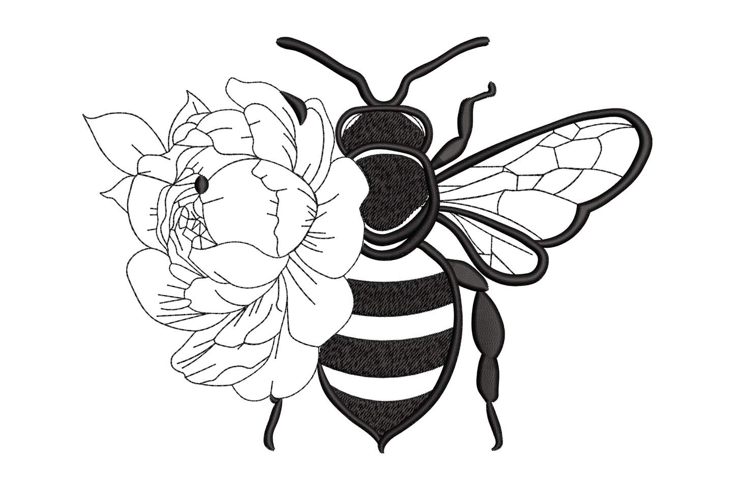 Botanical bee on floral outline embroidery design with dense satin bee body on outline peony flower in black thread