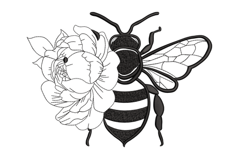 Botanical bee on floral outline embroidery design with dense satin bee body on outline peony flower in black thread