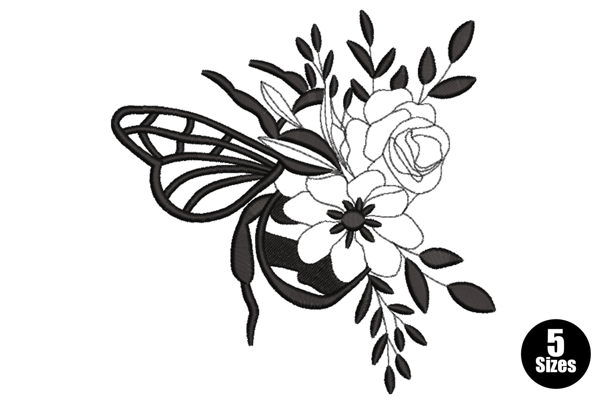 Botanical bee embroidery design with solid-filled body, latticed wings, a full rose, open daisy and leaf sprigs in single black thread.