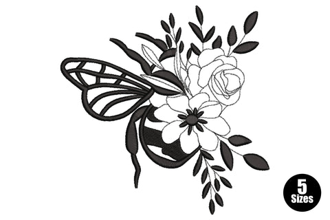 Botanical bee embroidery design with solid-filled body, latticed wings, a full rose, open daisy and leaf sprigs in single black thread.