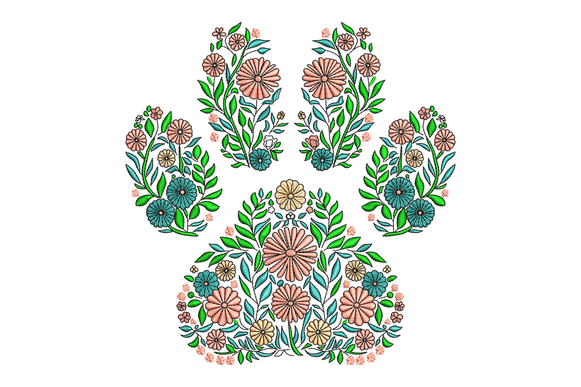 Botanical dog paw embroidery design filled with daisies, sage leaves and teal flowers in soft pink, green and peach tones.