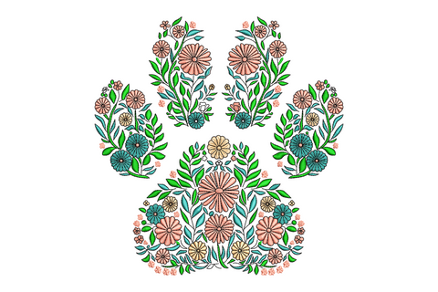 Botanical dog paw embroidery design filled with daisies, sage leaves and teal flowers in soft pink, green and peach tones.