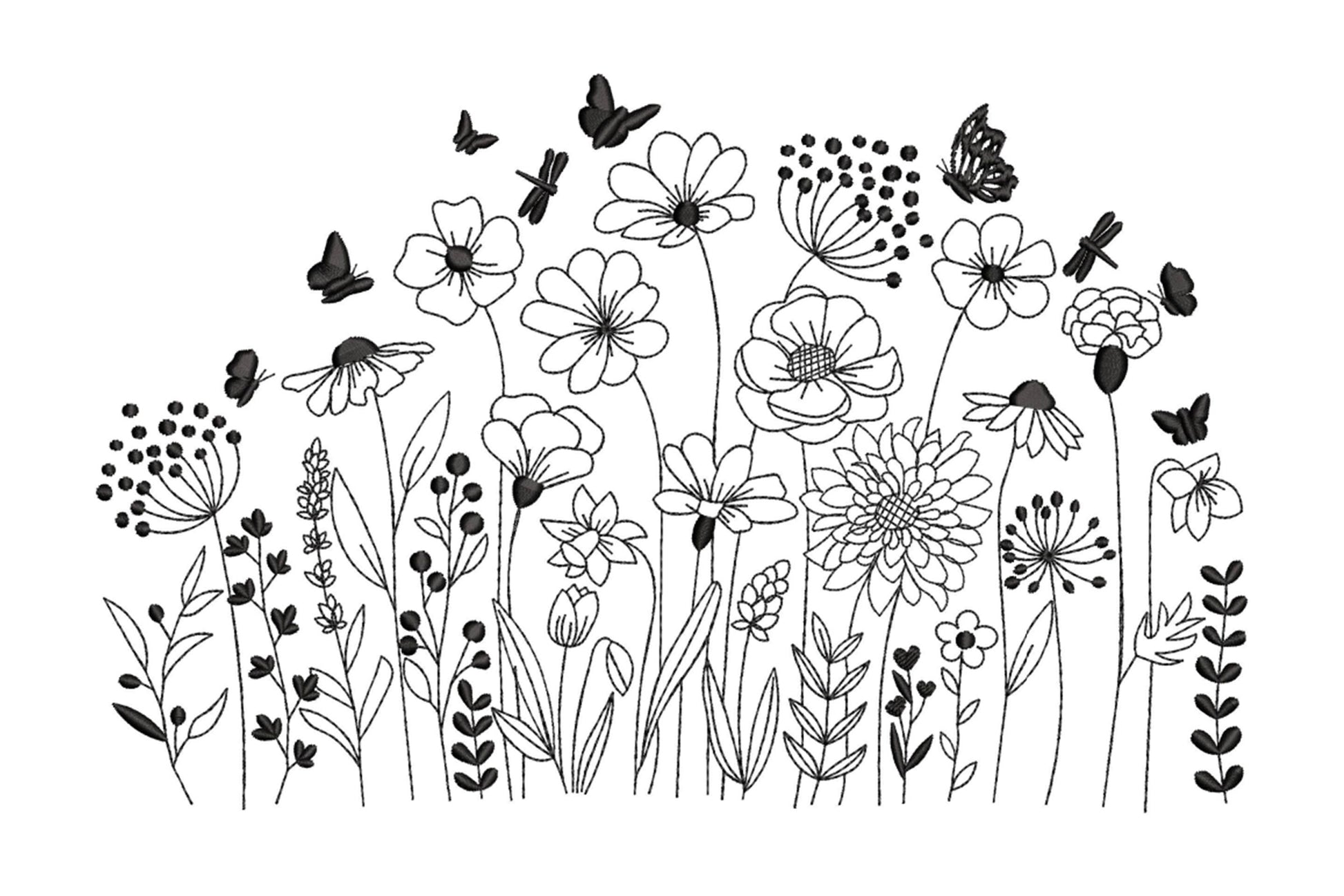 Botanical floral border embroidery design with daisies, cosmos, lavender, echinacea and scattered butterflies in single black thread.