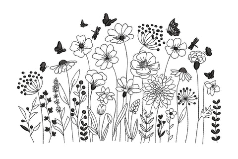 Botanical floral border embroidery design with daisies, cosmos, lavender, echinacea and scattered butterflies in single black thread.