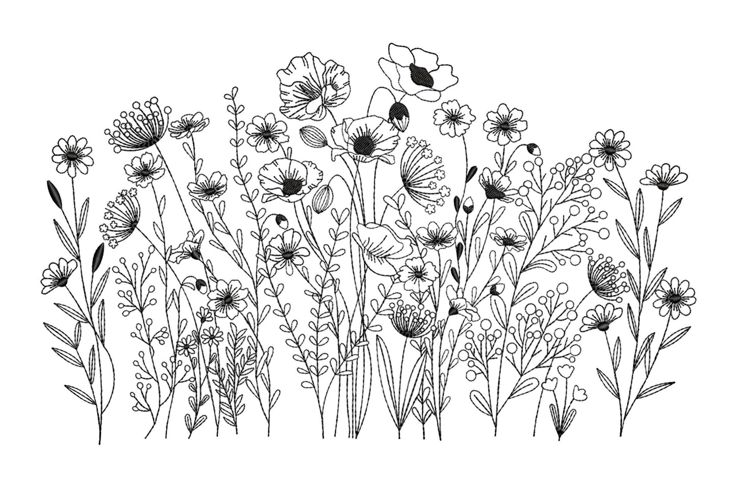 Botanical floral outline border embroidery with poppies, daisies and Queen Anne lace in dense single-colour running stitch on white background