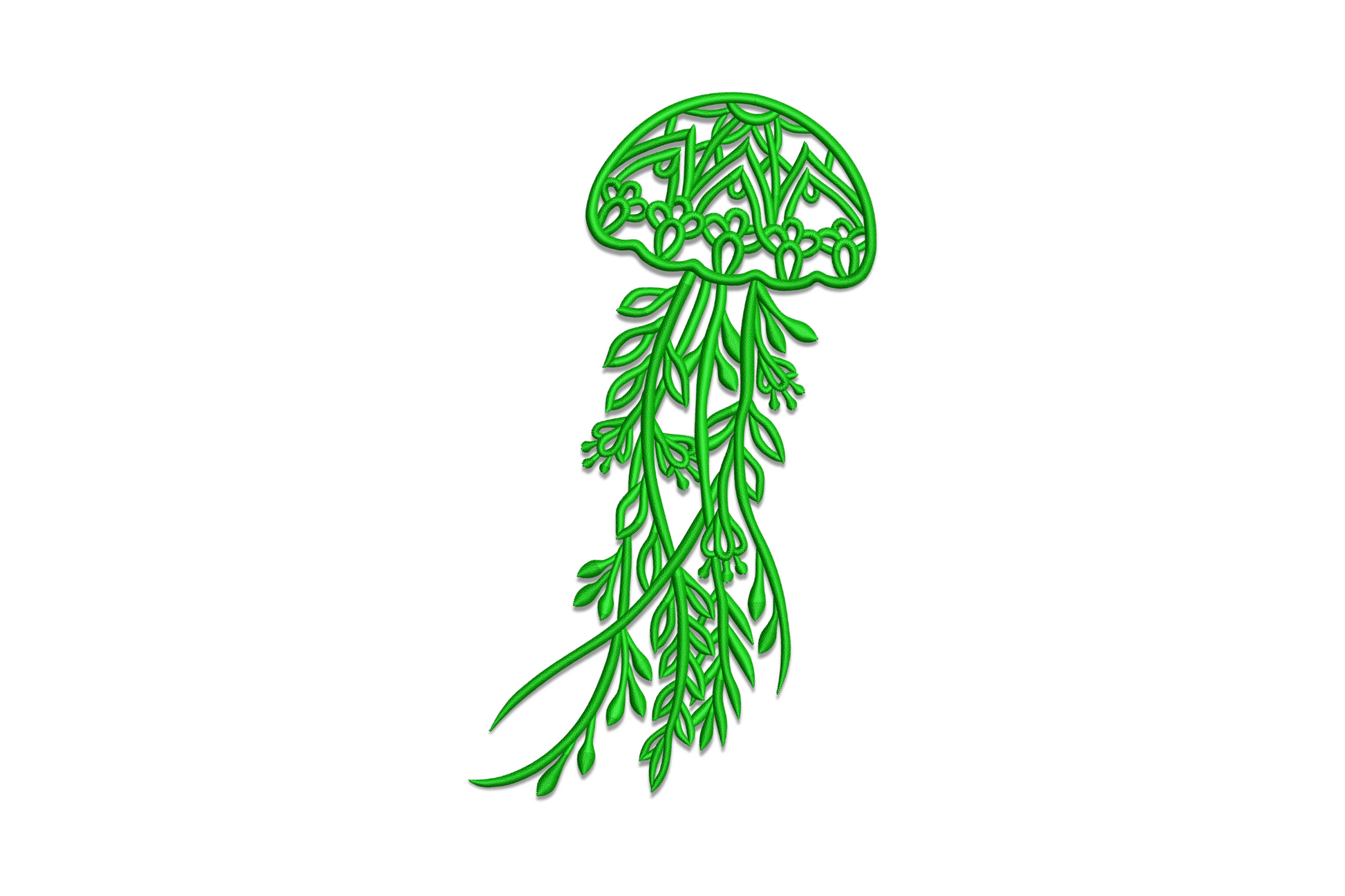 Botanical jellyfish embroidery design with floral tentacles, lavender bell and sage green stem sprigs on aqua canvas tote.