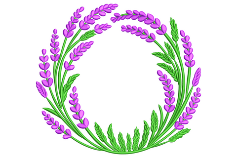 Circular lavender wreath embroidery design, purple and green floral sprigs forming a ring, hoop art farmhouse wedding pattern