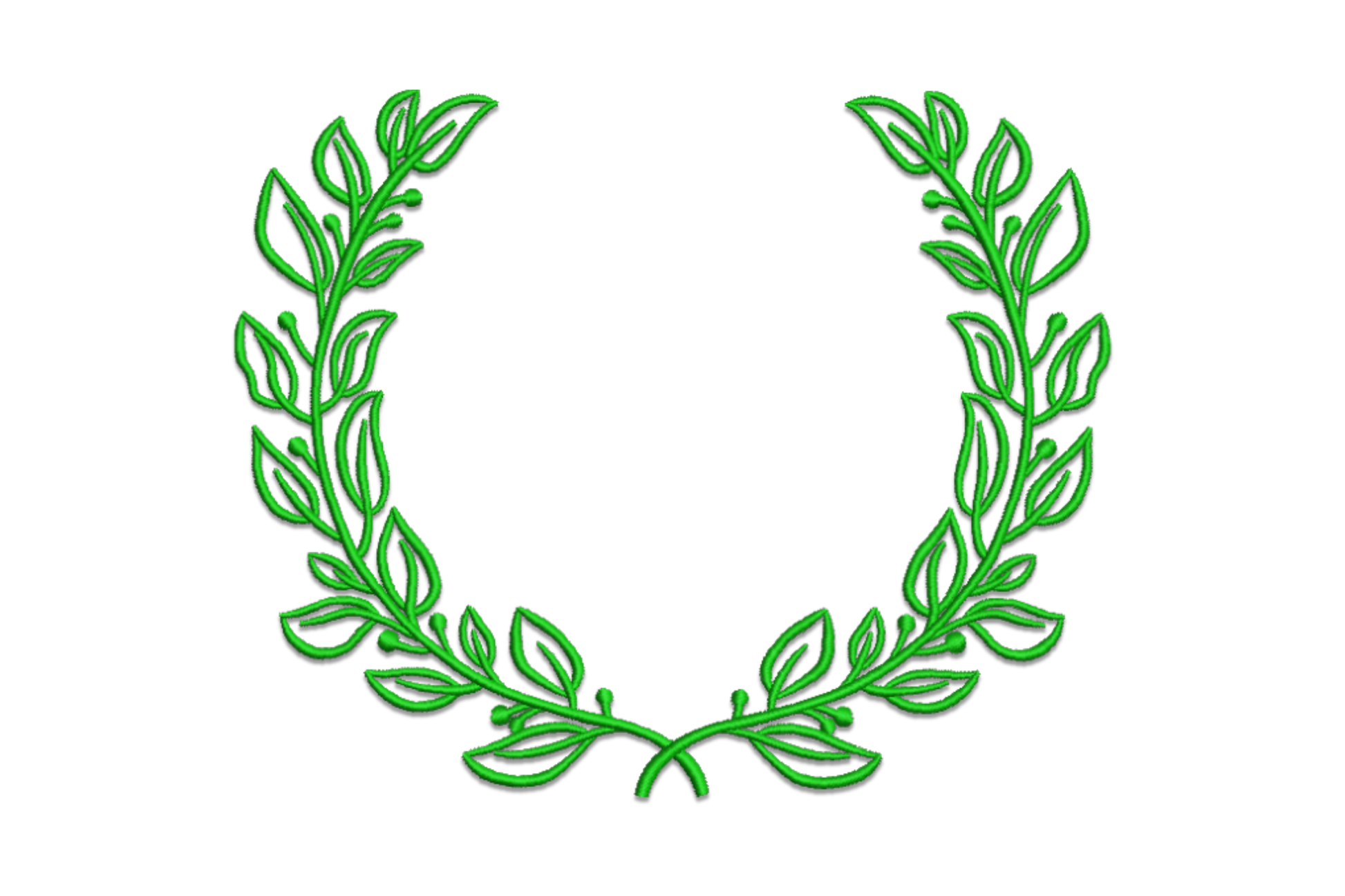 Botanical leaf frame embroidery, outlined dark green leaves with berry dots forming closed oval wreath in herbarium style.