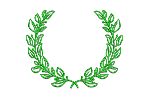 Botanical leaf frame embroidery, outlined dark green leaves with berry dots forming closed oval wreath in herbarium style.