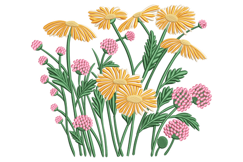 Botanical meadow flower embroidery design with golden daisy blooms and pink clover clusters on layered green leafy stems.