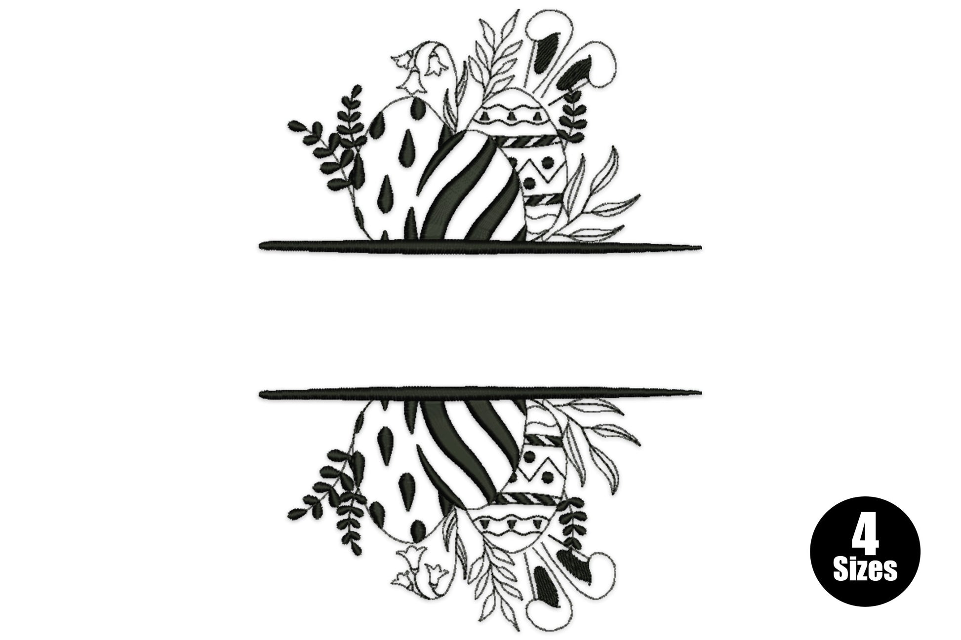 Botanical split-frame embroidery design with two decorated eggs and delicate foliage sprigs mirrored across a horizontal rule in black.