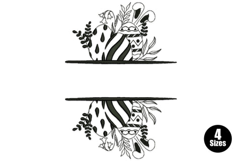 Botanical split-frame embroidery design with two decorated eggs and delicate foliage sprigs mirrored across a horizontal rule in black.