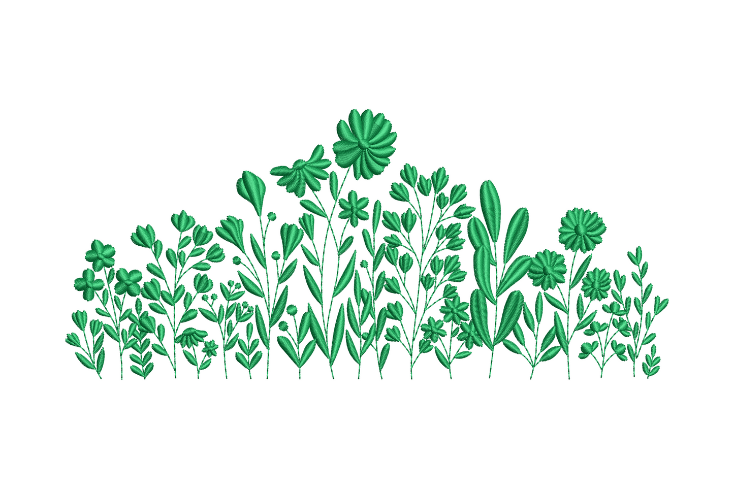 Botanical wildflower border embroidery, solid black, tall narrow vertical with daisy blooms and stems, 3 sizes.