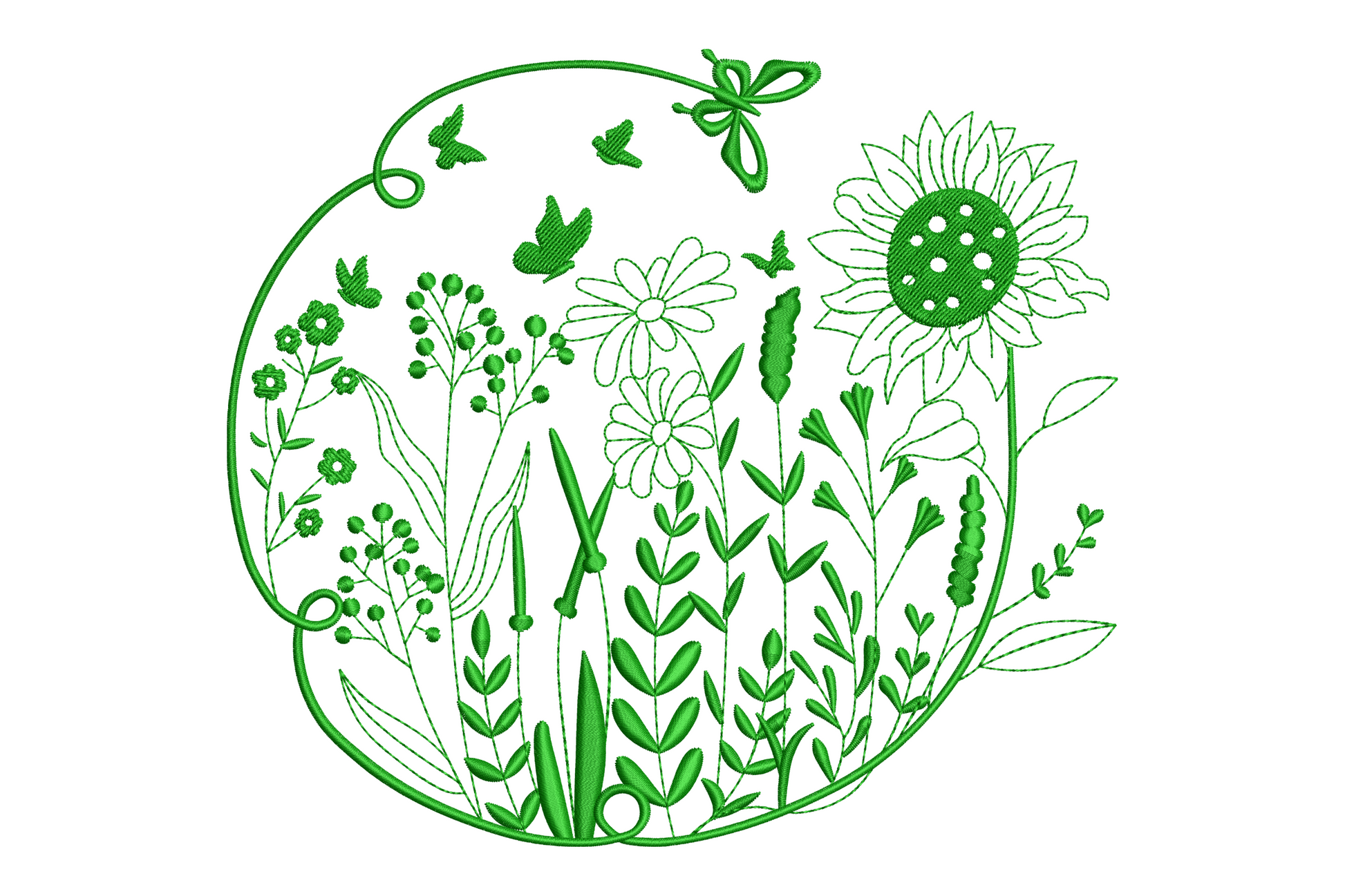 Botanical wildflower circle embroidery design with sunflower, daisies, grasses and butterflies in dark green line art