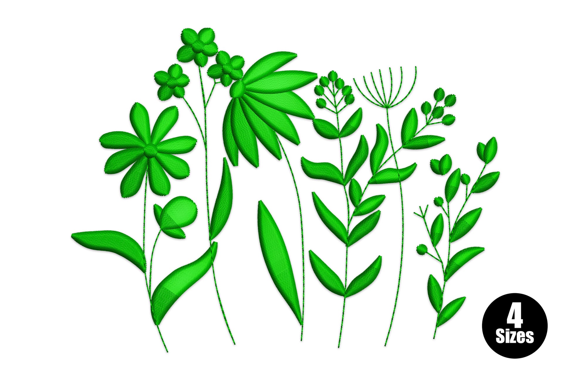 Botanical wildflower silhouette machine embroidery design in dark green showing daisies, compound leaves, umbellifera and berry stems in a loose natural cluster