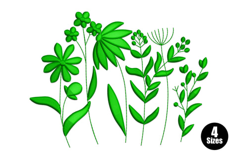 Botanical wildflower silhouette machine embroidery design in dark green showing daisies, compound leaves, umbellifera and berry stems in a loose natural cluster