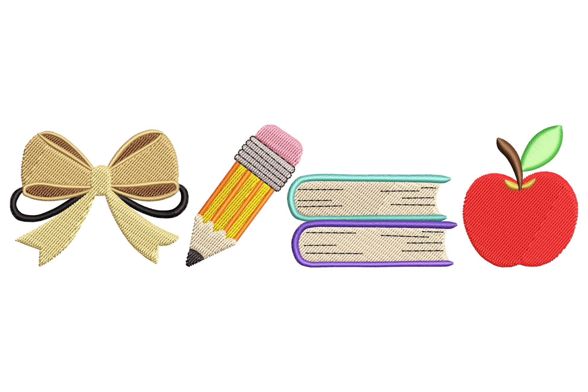 Back-to-school icon row embroidery design with tan bow, yellow pencil, stacked teal and purple books, and a red apple.