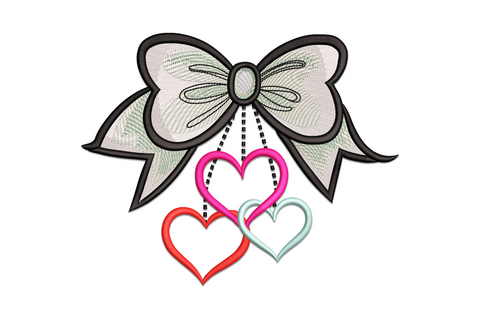 Machine embroidery design of a tied ribbon bow with heart-shaped dangles hanging on strings in 7 colours, romantic Valentine bow design in 5 sizes from 3.5 to 7.5 inches wide