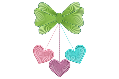 Bow with hanging hearts embroidery showing deep red ribbon bow, two thin tails and soft pink dangling hearts.